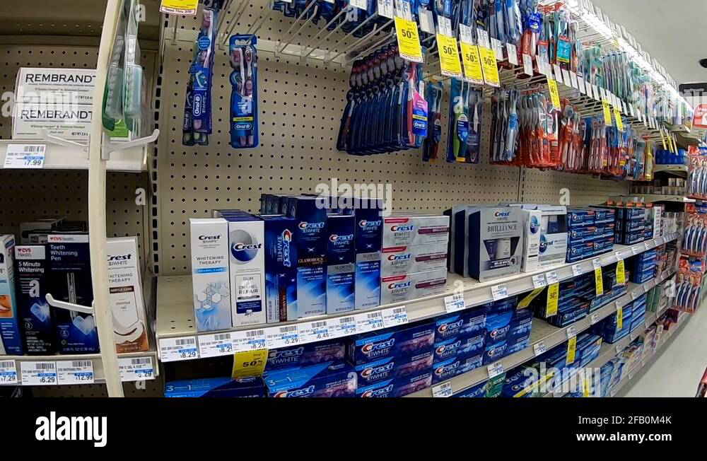 Toothbrush and toothpaste at drugstore